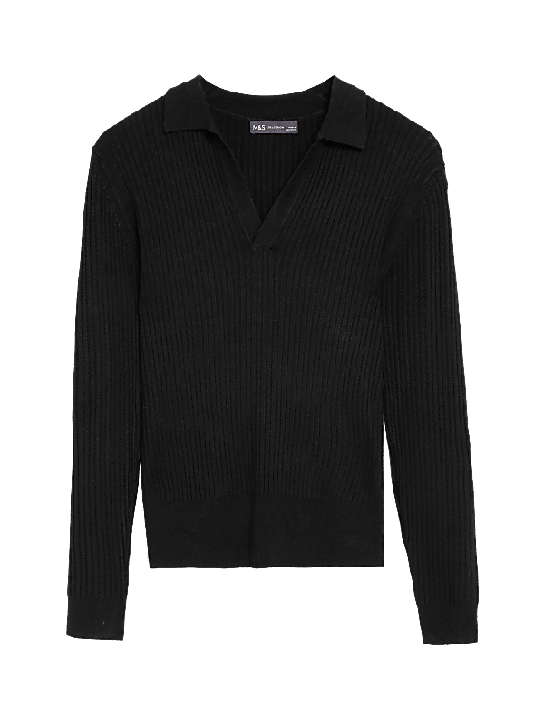 Ribbed Collared V-Neck Jumper