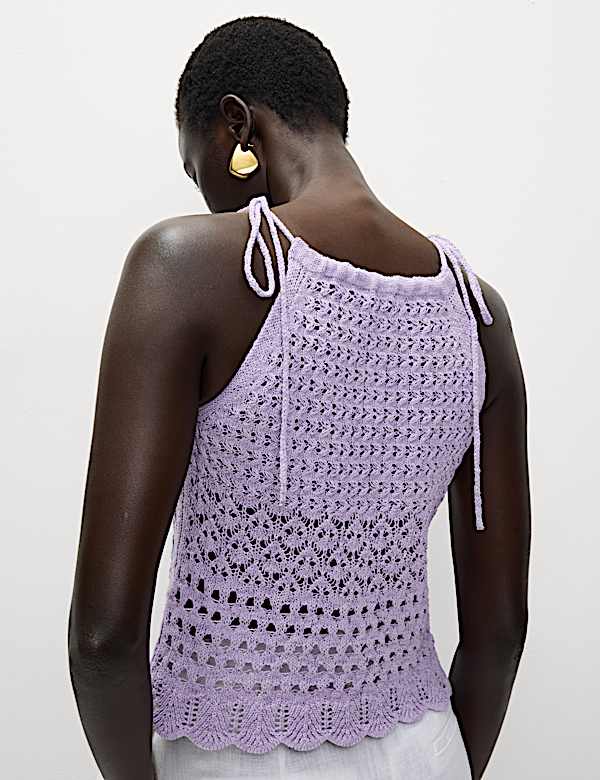 Cotton Blend Pointelle Square Neck Slim Knitted Vest - ID