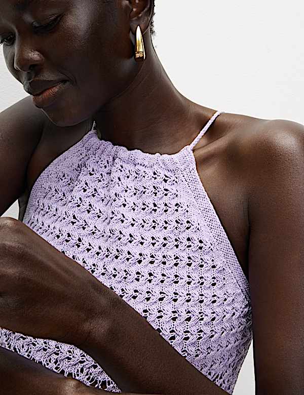 Cotton Blend Pointelle Square Neck Slim Knitted Vest - ID