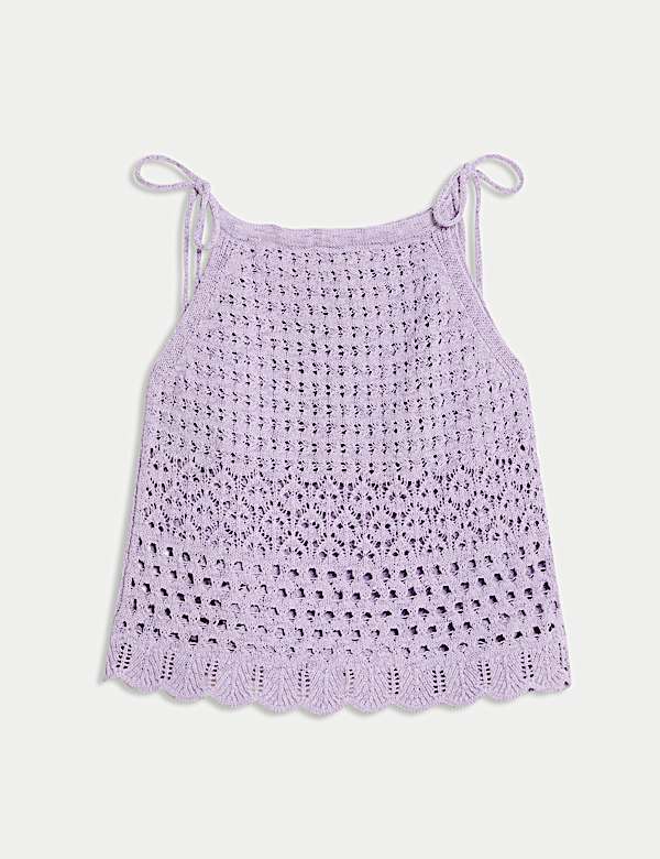 Cotton Blend Pointelle Square Neck Slim Knitted Vest - ID