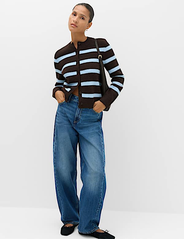 Striped Crew Neck Button Front  Cardigan with Wool - NZ