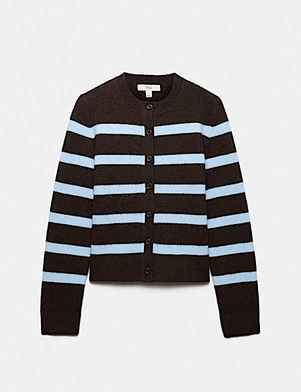 Striped Crew Neck Button Front  Cardigan with Wool - NZ
