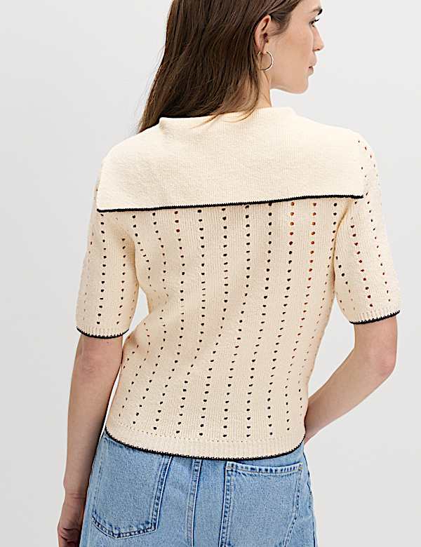 Cotton Rich Pointelle Collared Knitted Top - LT