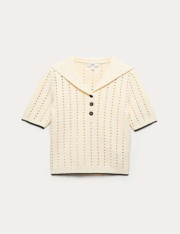 Cotton Rich Pointelle Collared Knitted Top - LT