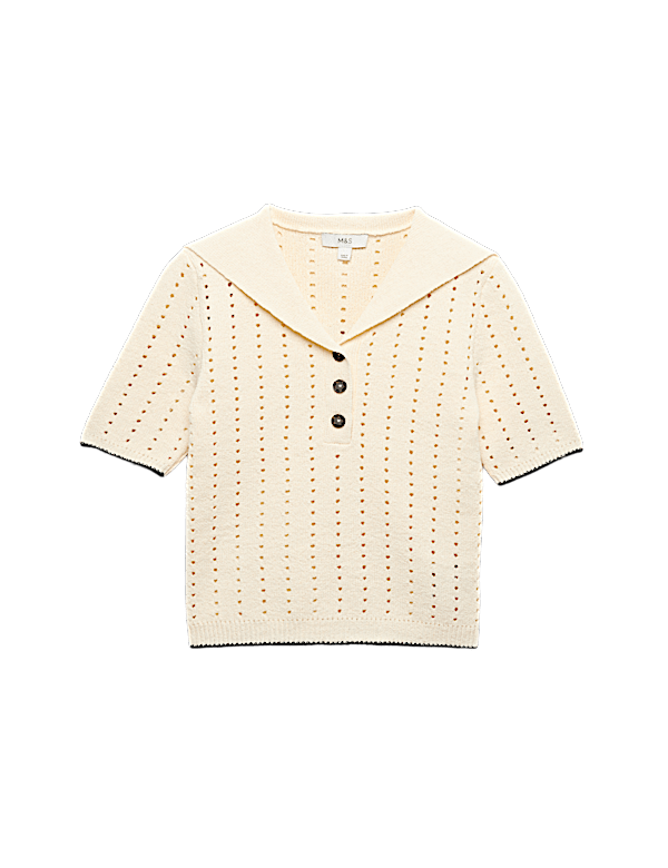 Cotton Rich Pointelle Collared Knitted Top