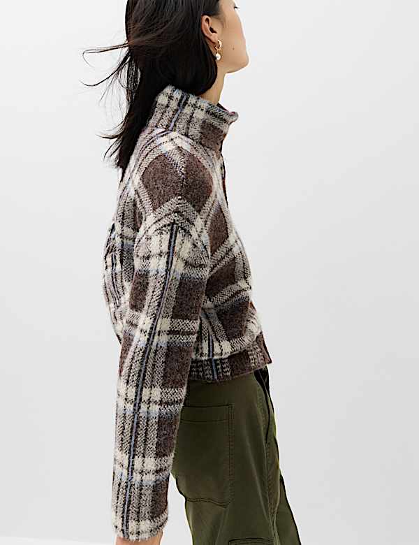 Checked Funnel Neck Relaxed Fit Knitted Jacket - AU