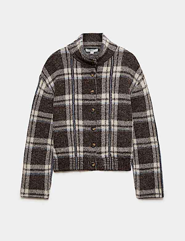 Checked Funnel Neck Relaxed Fit Knitted Jacket - AU