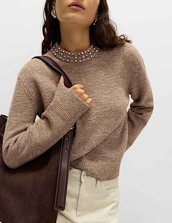 סוודר מעוטר בשילוב צמר ובגזרה נינוחה - IL