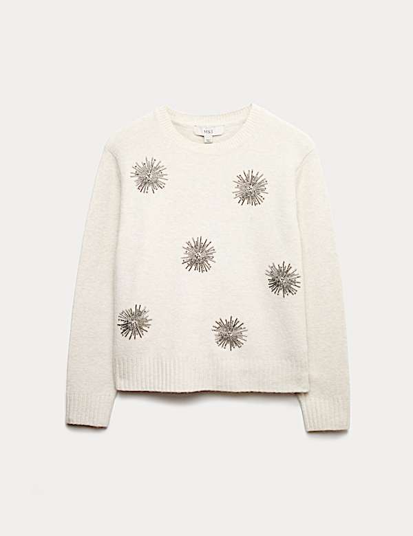 סוודר מעוטר באבני חן בשילוב צמר - IL