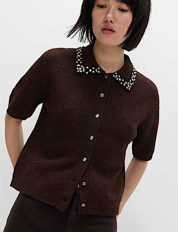 Embellished Cropped Cardigan with Wool - PL