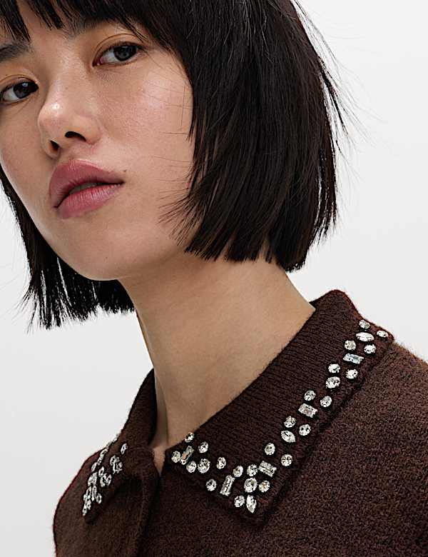 Embellished Cropped Cardigan with Wool - PL