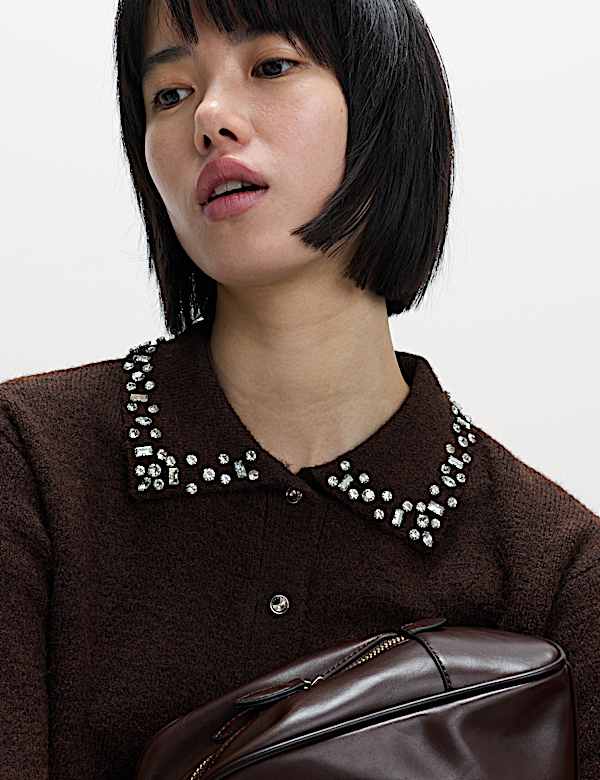 Embellished Cropped Cardigan with Wool - PL