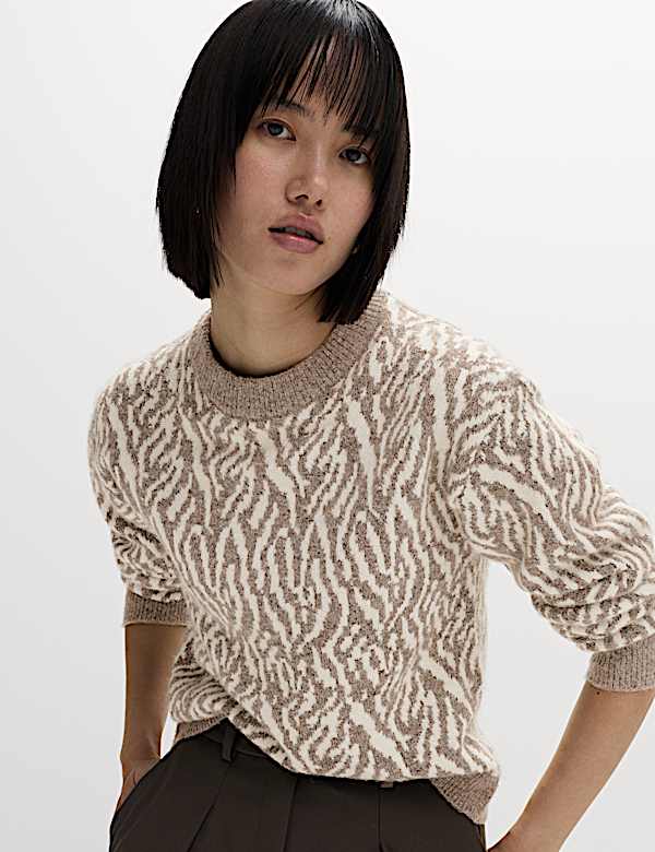 Animal Print Crew Neck Jumper with Wool - BE
