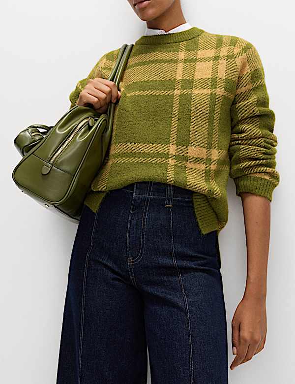 Checked Crew Neck Relaxed Fit Jumper With Wool