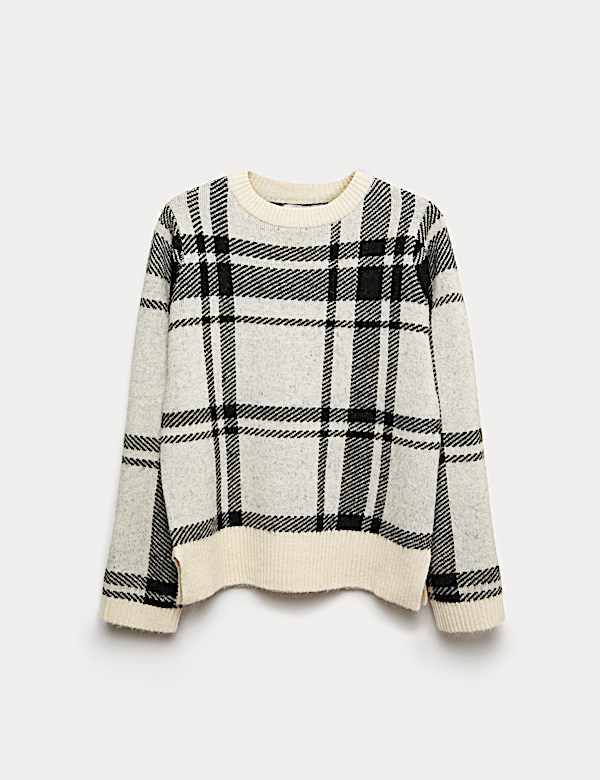 Pull à col rond coupe décontractée à carreaux avec laine - FR