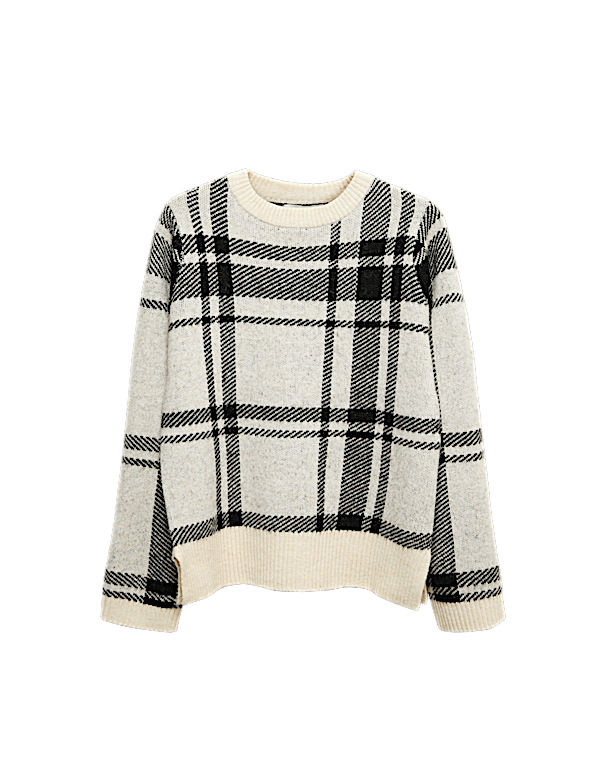 Checked Crew Neck Relaxed Fit Jumper With Wool