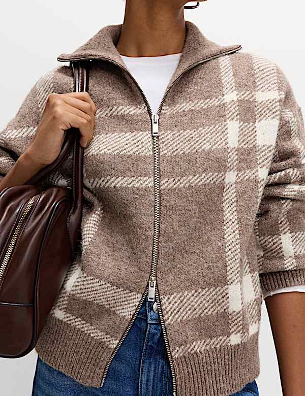 Checked Collared Zip Up Cardigan with Wool - ES