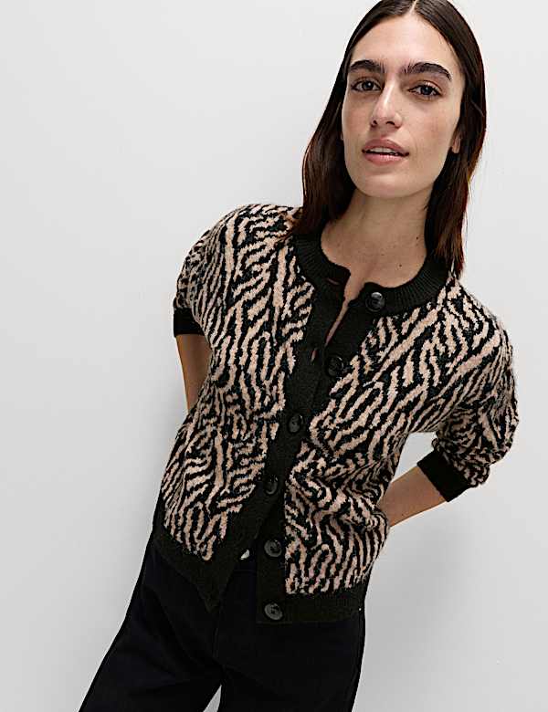 Animal Print Button Front Cardigan With Wool - BN