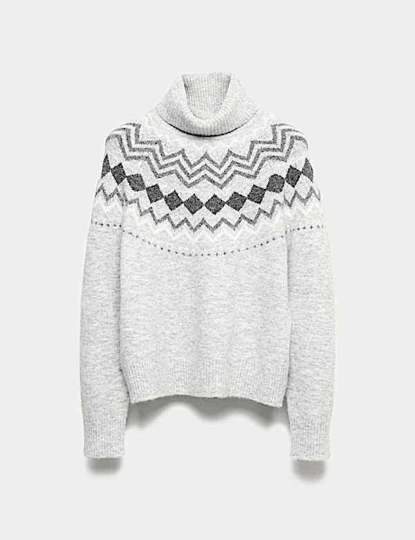 סוודר בשילוב צמר ובדוגמה סקנדינבית עם צווארון גולף - IL