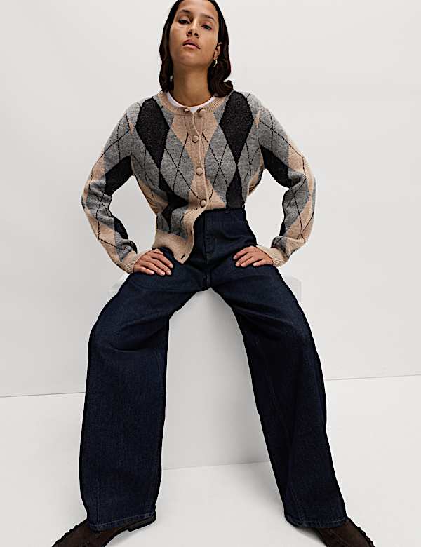 Argyle Crew Neck Cardigan With Wool - TW