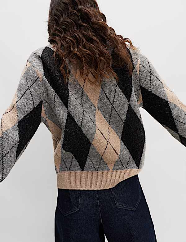 Argyle Crew Neck Cardigan With Wool - TW