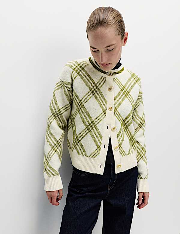 Checked Crew Neck Cardigan With Wool
