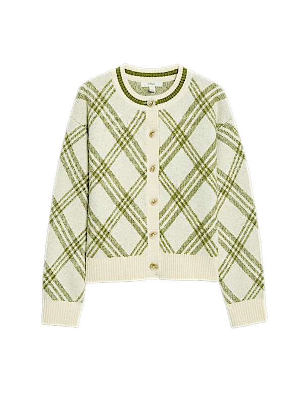 Checked Crew Neck Cardigan With Wool