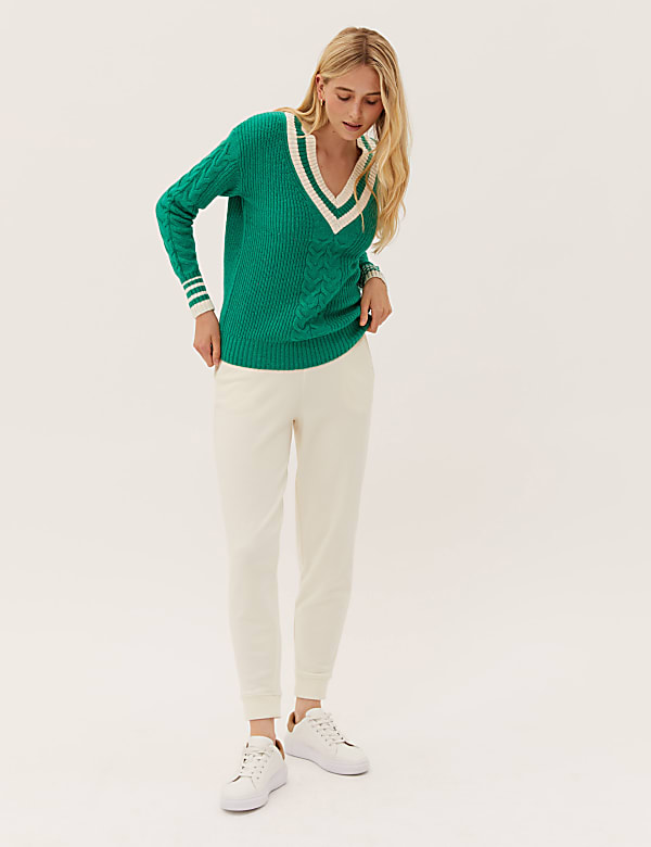 Cotton Rich Cable Knit V-Neck Jumper