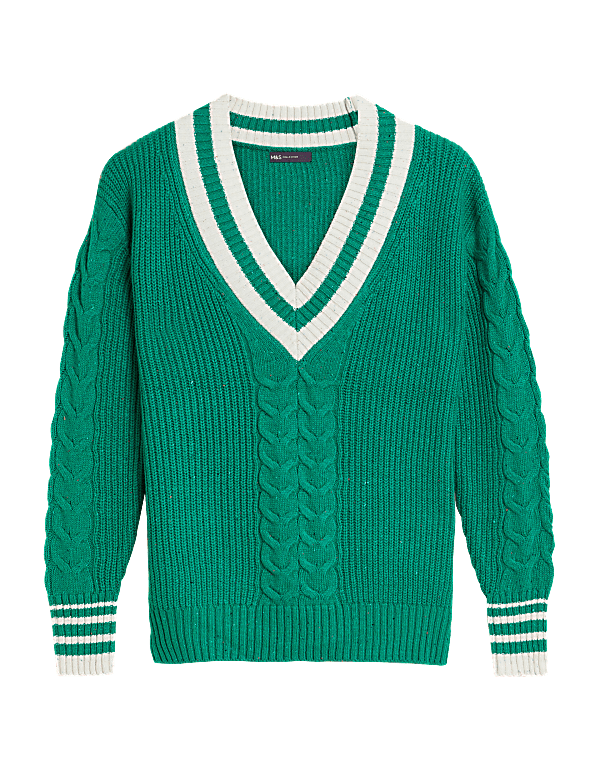 Cotton Rich Cable Knit V-Neck Jumper