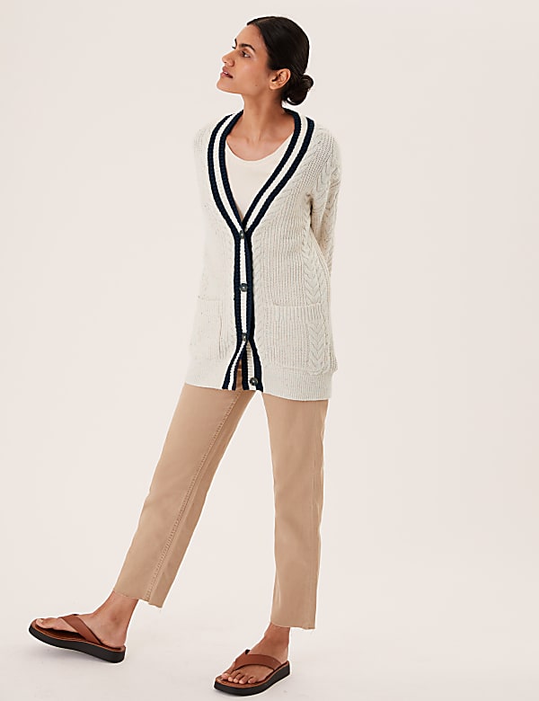 Cotton Rich Cable Knit V-Neck Cardigan