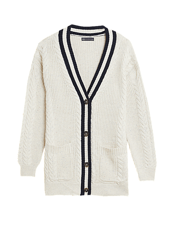 Cotton Rich Cable Knit V-Neck Cardigan