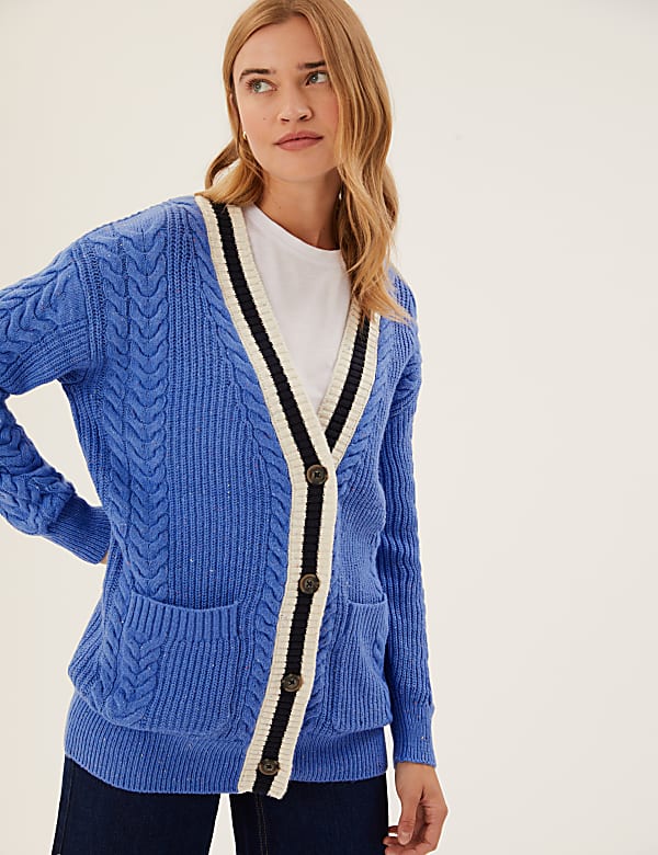 Cotton Rich Cable Knit V-Neck Cardigan