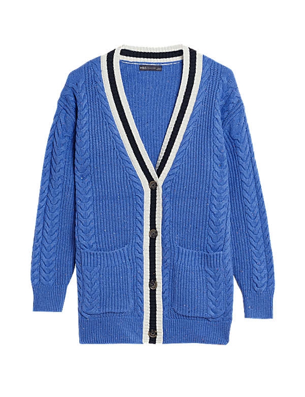 Cotton Rich Cable Knit V-Neck Cardigan