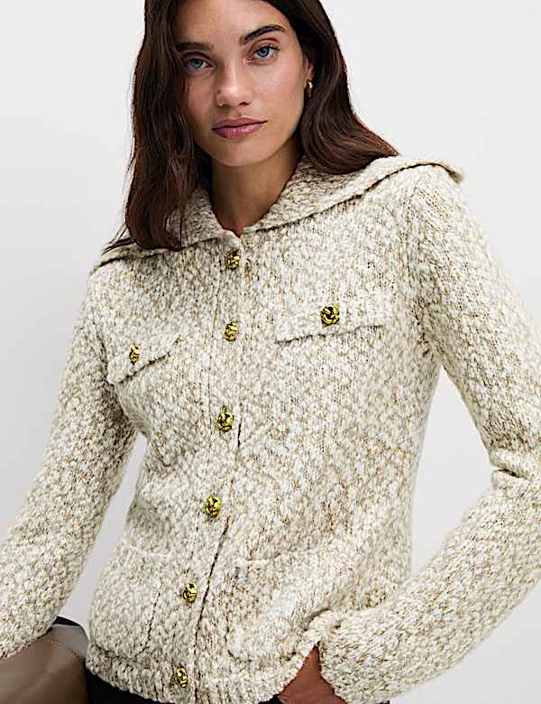 Collared Button Front Pocket Detail Cardigan With Wool - PT
