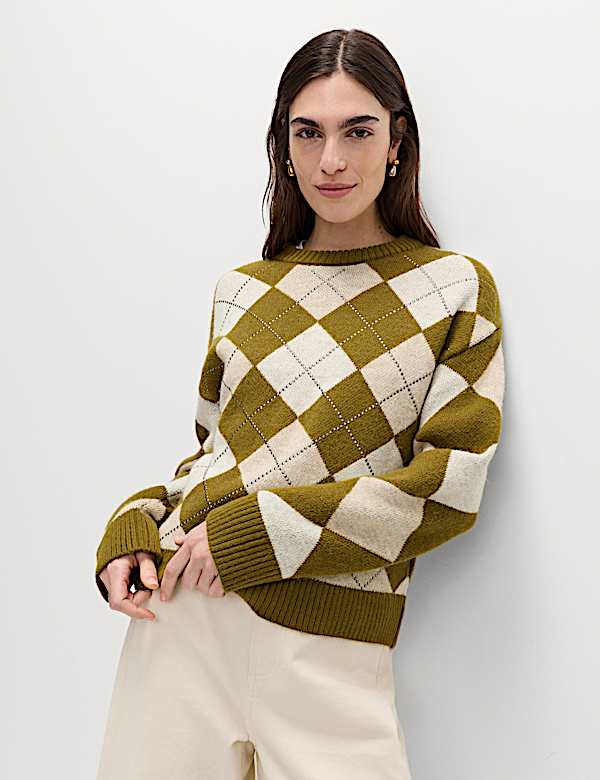 Argyle Crew Neck Slim Fit Jumper with Wool - PL