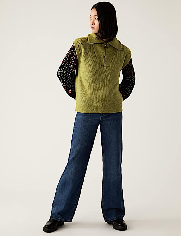 Ribbed Funnel Neck Relaxed Knitted Vest