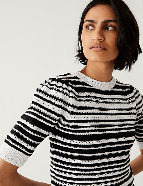 Cotton Rich Striped Crew Neck Knitted Top
