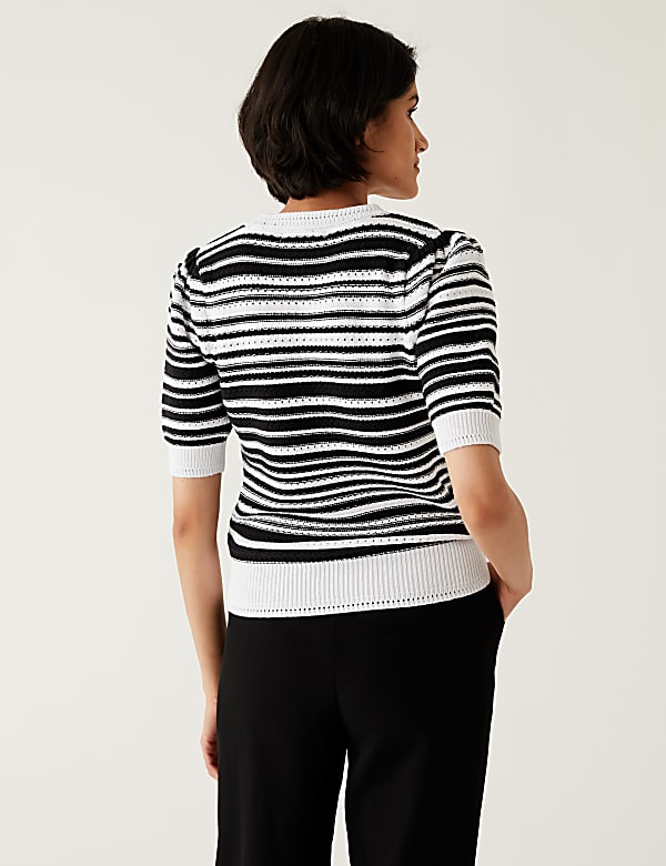 Cotton Rich Striped Crew Neck Knitted Top