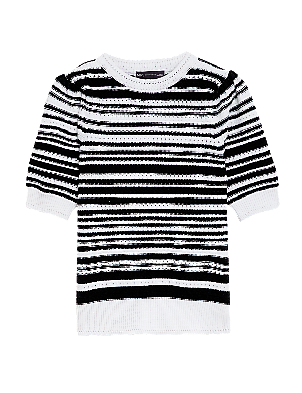 Cotton Rich Striped Crew Neck Knitted Top