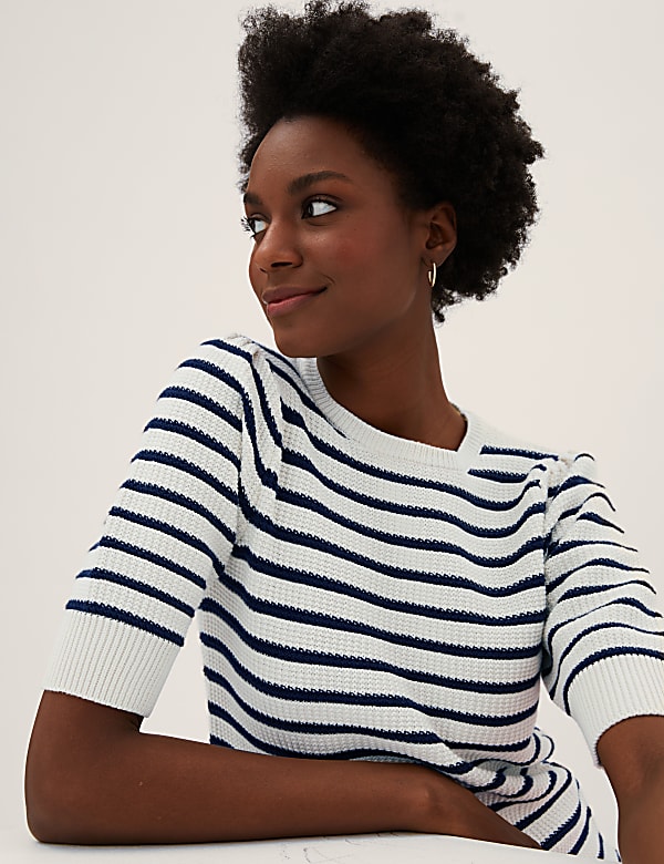 Cotton Rich Striped Puff Sleeve Knitted Top