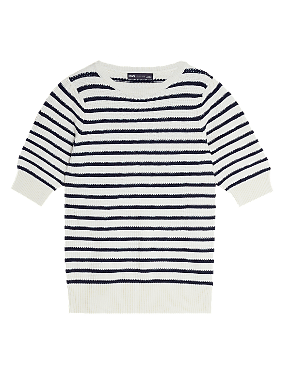 Cotton Rich Striped Puff Sleeve Knitted Top