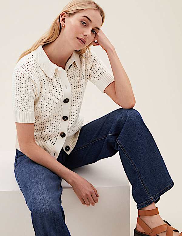 Cotton Rich Textured Collared Cardigan