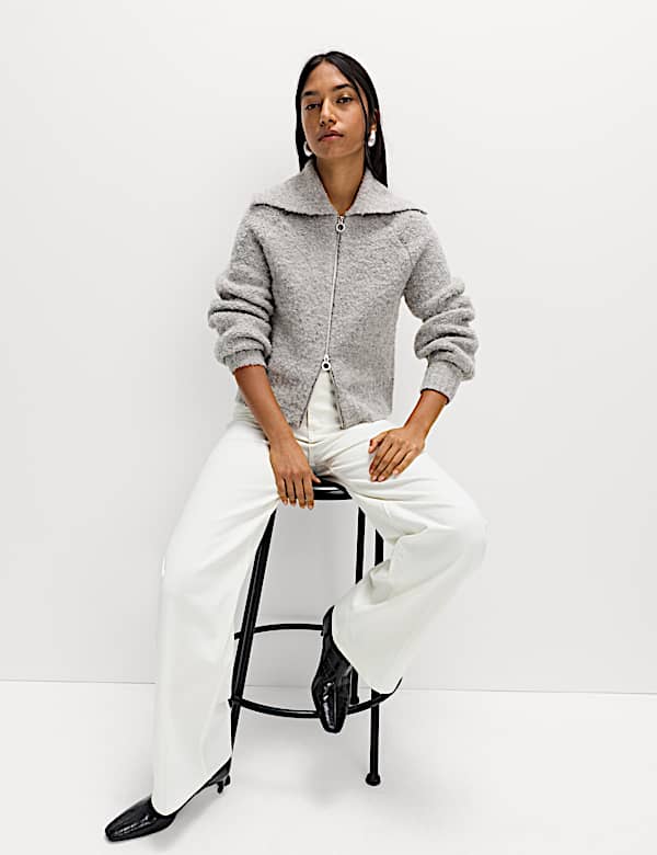 Bouclé Zip Up Collared Knitted Jacket with Wool