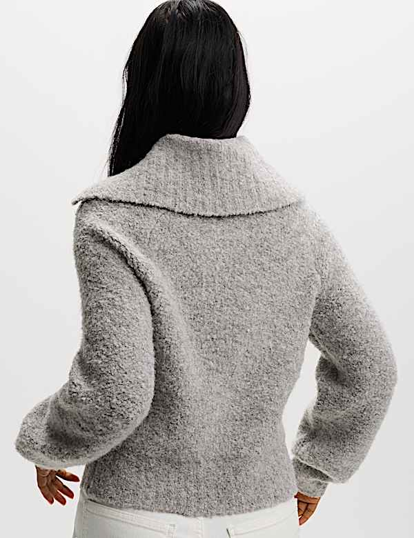 Bouclé Zip Up Collared Knitted Jacket with Wool