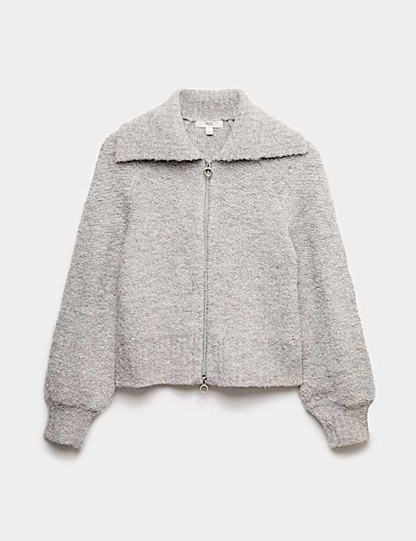 Strick-Kragenjacke mit Rei&szlig;verschluss aus Boucl&eacute; mit Wollanteil - AT