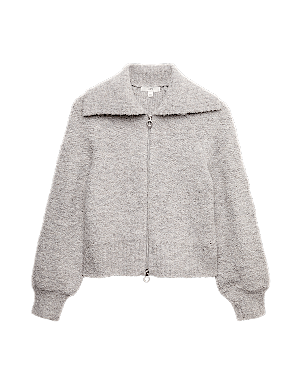 Bouclé Zip Up Collared Knitted Jacket with Wool