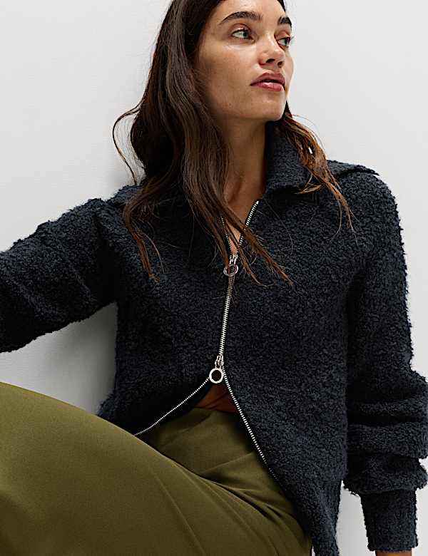 Bouclé Zip Up Collared Knitted Jacket with Wool - NL