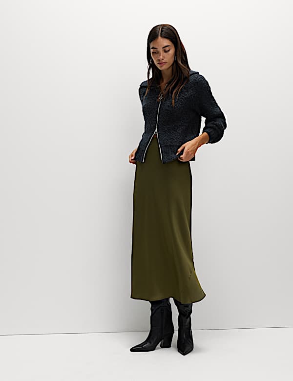 Bouclé Zip Up Collared Knitted Jacket with Wool - HR