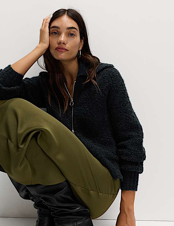 Bouclé Zip Up Collared Knitted Jacket with Wool - HR