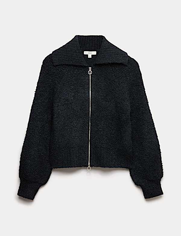 Bouclé Zip Up Collared Knitted Jacket with Wool - HR
